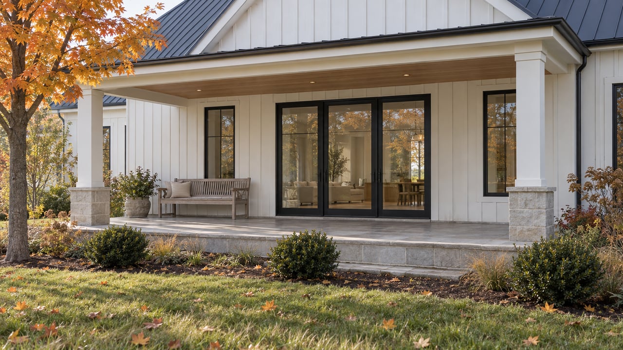 White board-and-batten home with a covered limestone terrace, black-framed glass doors and an orange-leaved maple beside the lawn.