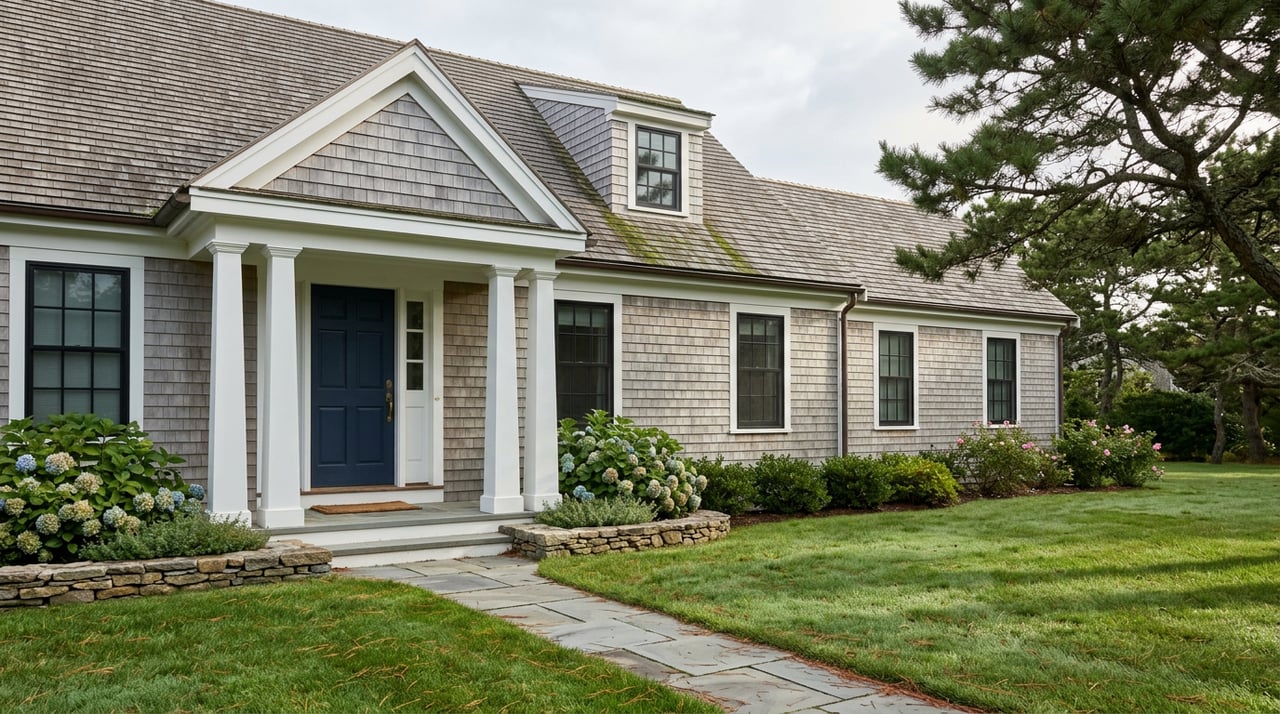 Gray-shingled coastal home with a white-columned portico, navy door, flagstone path, and pine canopy.