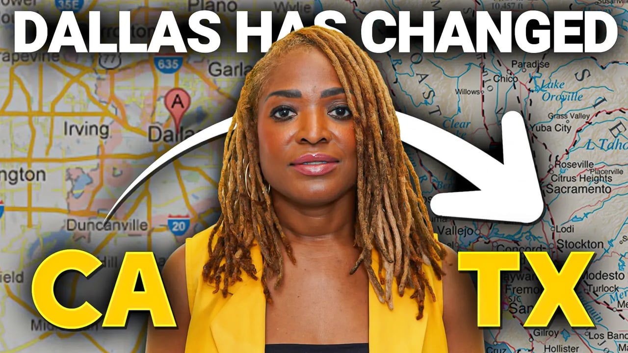 A woman in a yellow jacket between California and Dallas maps, with an arrow pointing toward Texas.