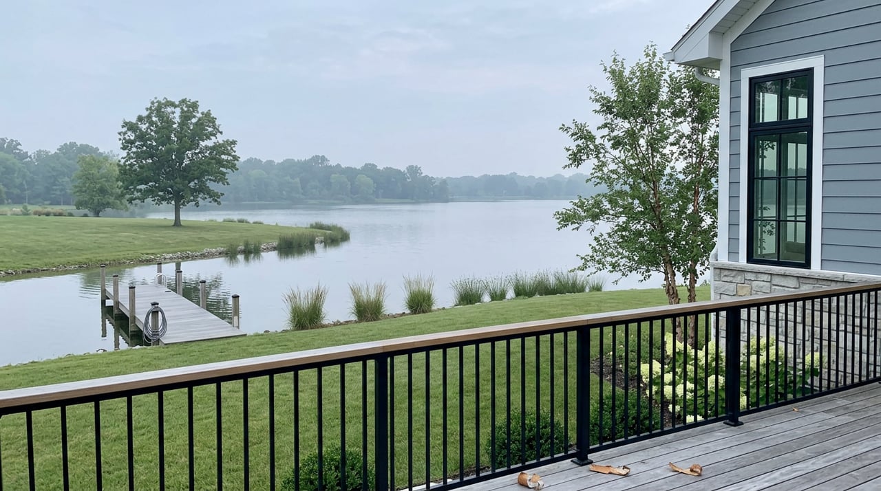 Gray-blue lakeside home overlooking a mown lawn, wooden dock, calm water, and distant tree-lined shore.
