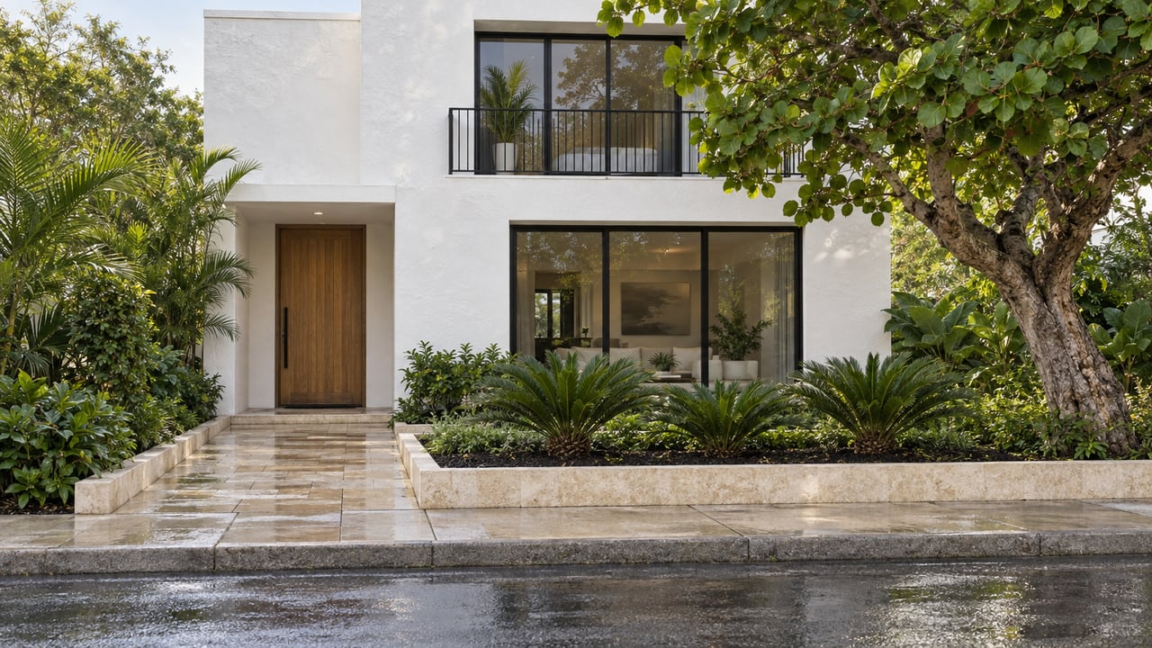 White stucco house with black-framed windows, a balcony, and a leafy front garden beside a wet street.