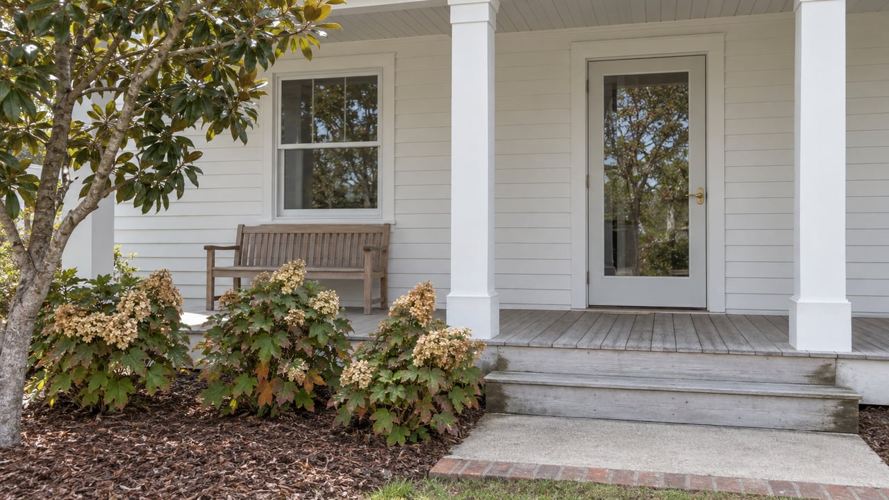 White-sided home with a covered timber porch, glazed entry door, teak bench and a carefully planted garden beside broad front steps.