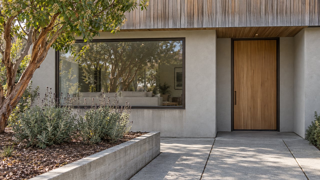 Contemporary duplex facade with weathered cedar cladding, pale stucco, a bronze-framed window and a concrete entry path beside a planted bed.