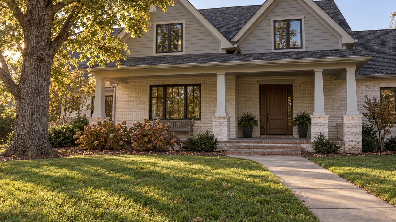 Pale brick and gray-sided home with a deep front lawn, covered porch, and mature oak in autumn afternoon light.
