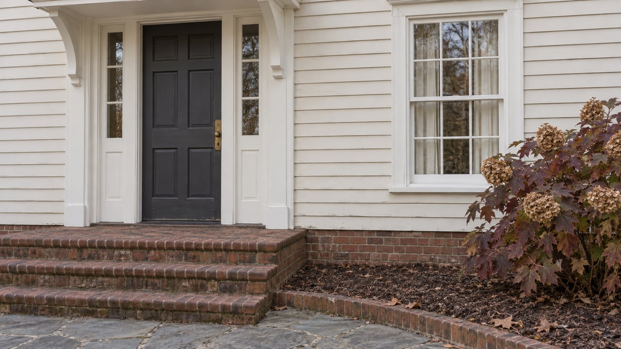 Cream clapboard home entrance with a charcoal door, paired sidelights, weathered brick steps and burgundy oakleaf hydrangea.