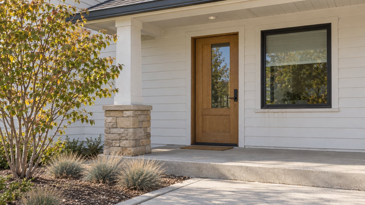 Close view of a covered home entry with warm-white siding, an oak door, stone column base and a concrete path beside autumn planting.