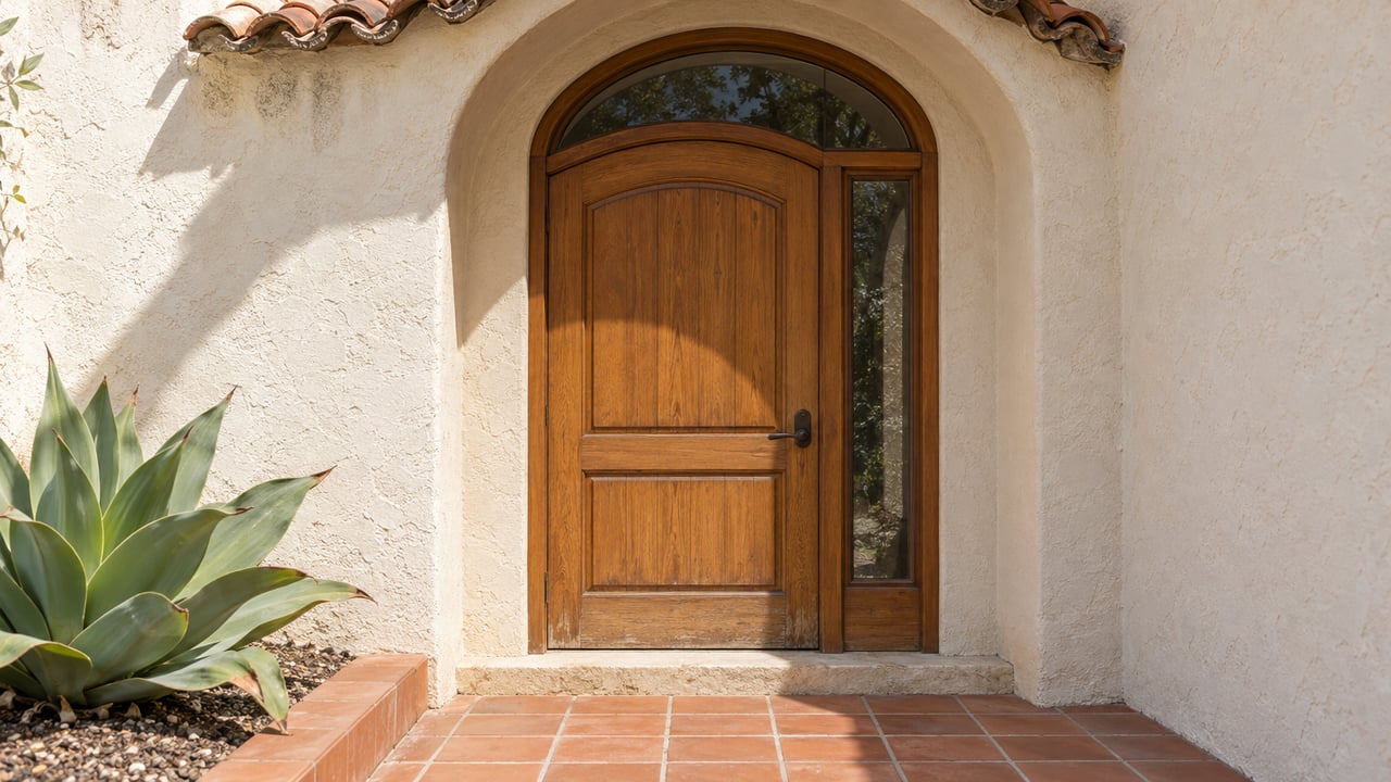 Sunlit cream stucco entry with a honey-brown wood door, terracotta landing and a sculptural pale-green agave.