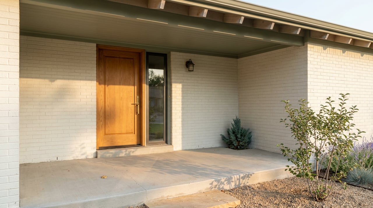 Home entry with oak door, narrow sidelight, sandstone step, and plants in gravel bed.