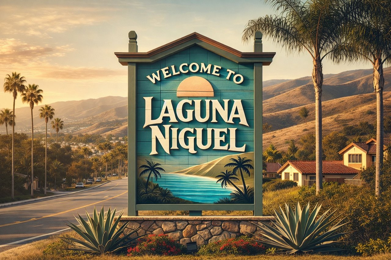 Welcome to Laguna Niguel sign with coastal hills and palm trees in Orange County California