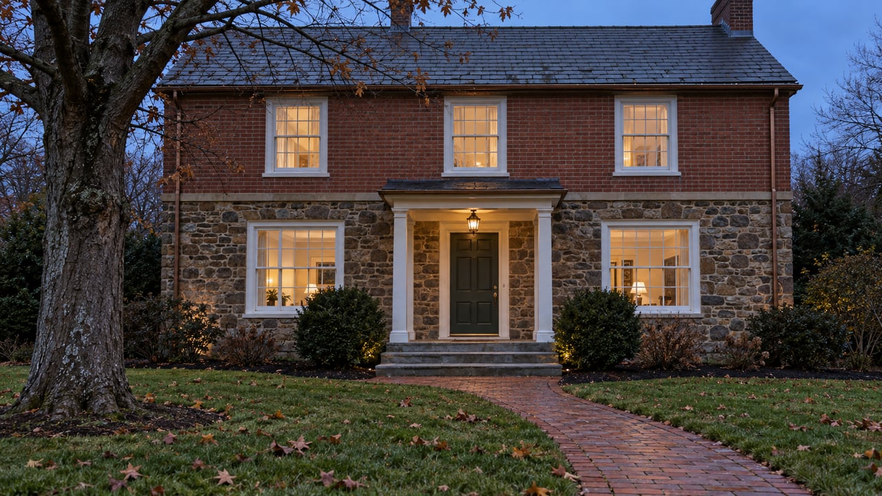 A stone and brick home at twilight, with warmly lit sash windows, a covered porch and a brick walk across an autumn lawn.