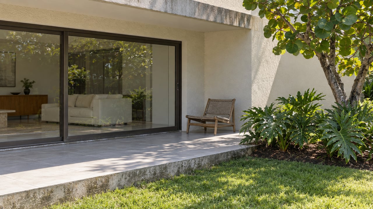 Cream-stucco home with closed bronze-framed glass doors, shaded tile terrace, a teak lounge chair and a sunlit tropical garden.
