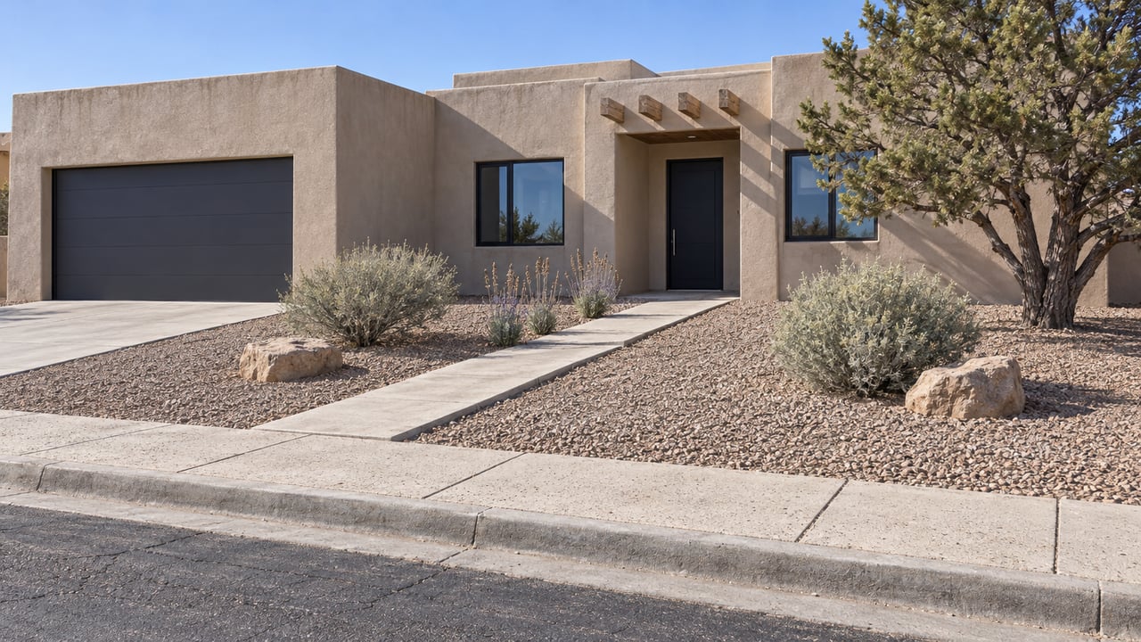 A flat-roof stucco home with a recessed black entry, gravel front yard, sculptural pinyon pine and a concrete walkway behind the street curb.