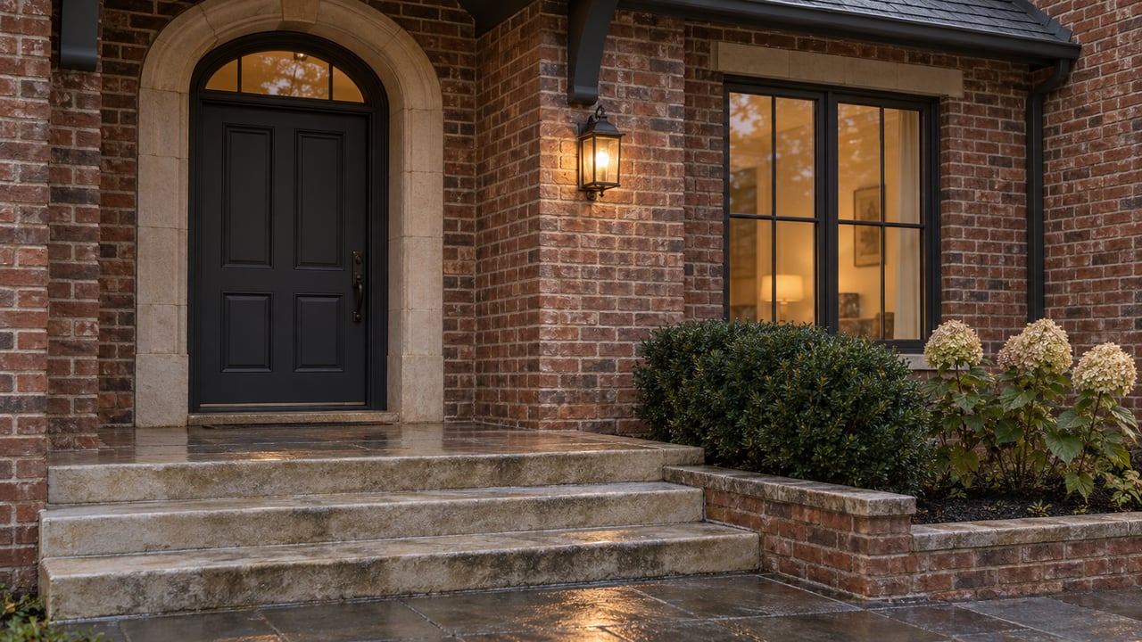 Brick house entry with arched charcoal door, limestone steps, lit porch sconce, and warm light behind a window.