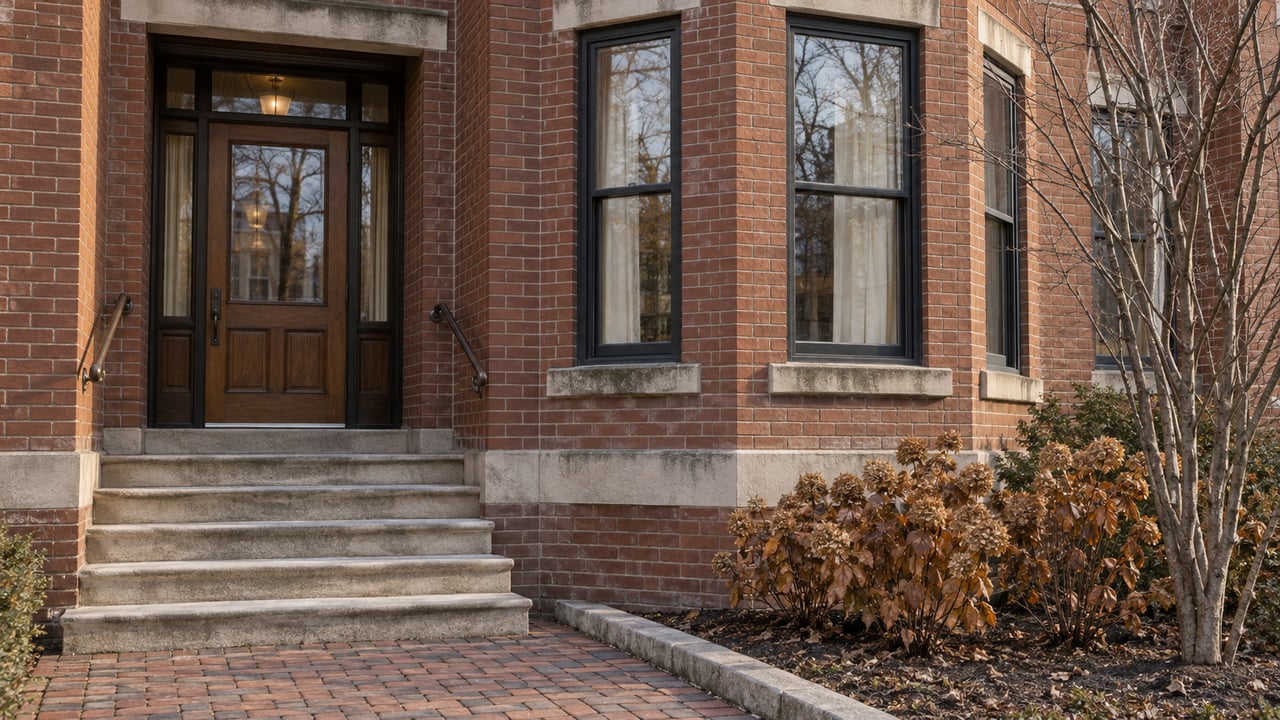 Red-brown brick home with limestone steps, an oak glazed entrance and tall bay windows beside dormant serviceberry and oakleaf hydrangeas.
