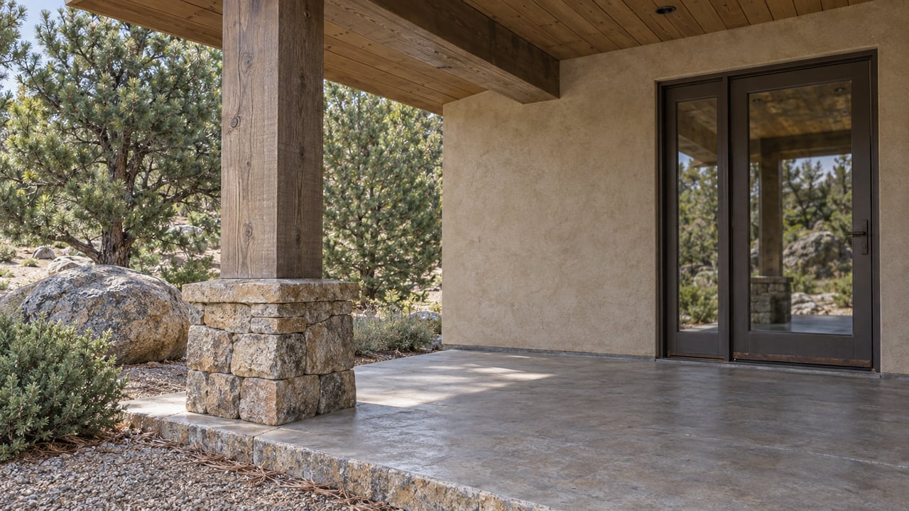 Timber porch post on a stone base beside a stucco wall and glazed door, overlooking boulders and sparse pines.