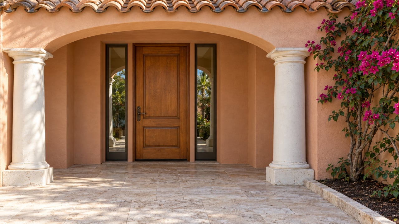 Peach stucco arch frames a honey-brown wood door with glazed sidelights; magenta bougainvillea grows at right.