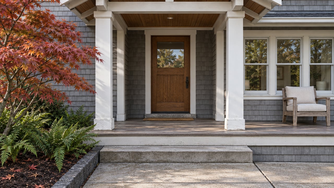 Sheltered shingle-home porch with an oak door, three sunroom windows, cedar decking and a copper-red Japanese maple beside concrete entry steps.