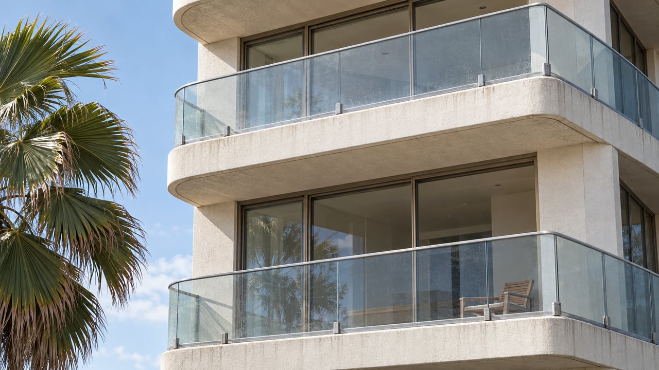Close view of white concrete condominium balconies with glass balustrades, bronze-framed sliding doors and a broad-leaf fan palm.