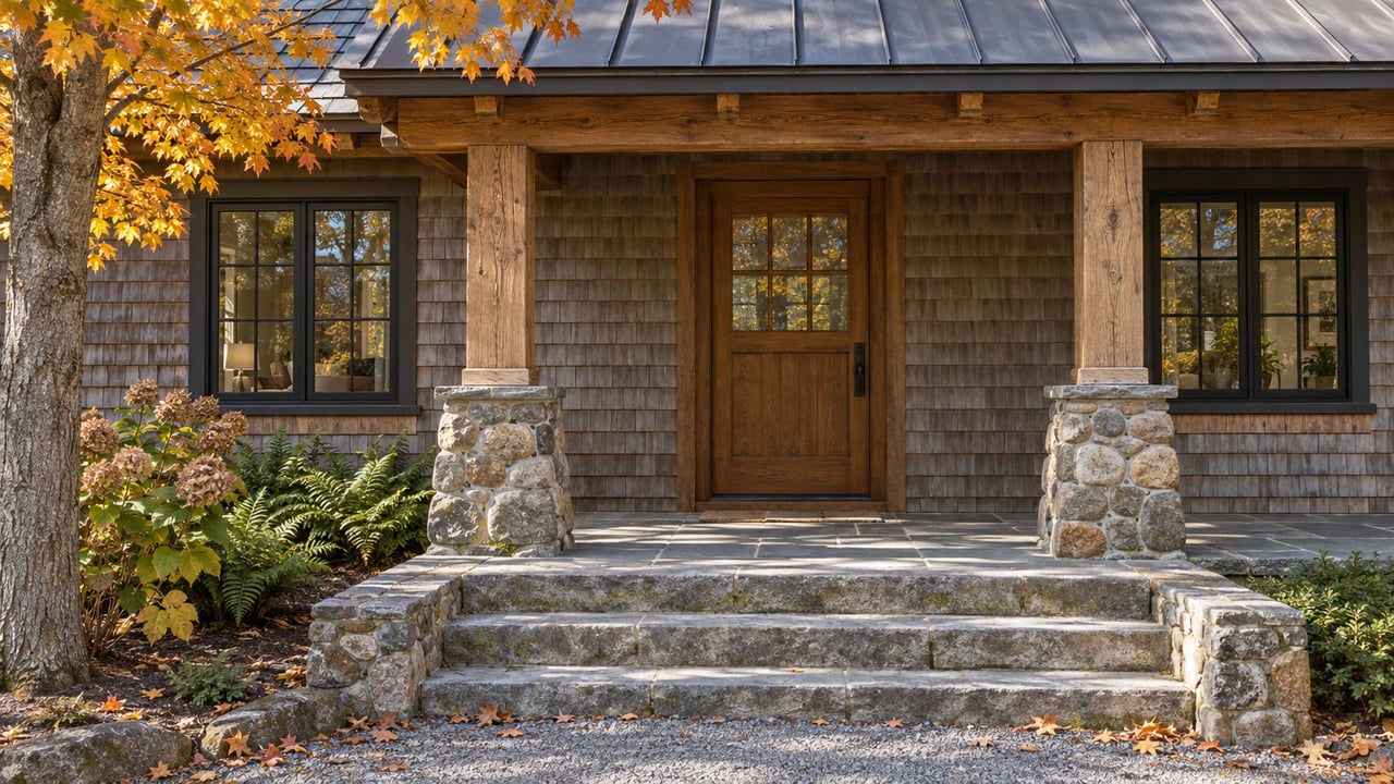 Weathered cedar cottage entry with fieldstone porch piers, limestone steps, and autumn maple foliage.