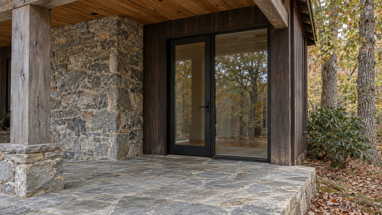 Covered timber entry with a gray fieldstone chimney, closed black-framed glass door and worn flagstone porch beside autumn white oaks.