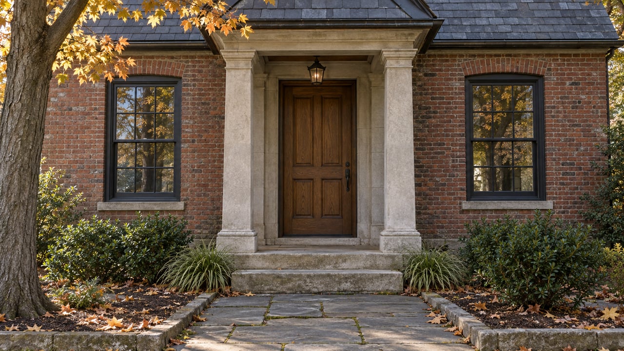 Brick house with limestone portico, oak door, sash windows, and amber maple leaves overhead.