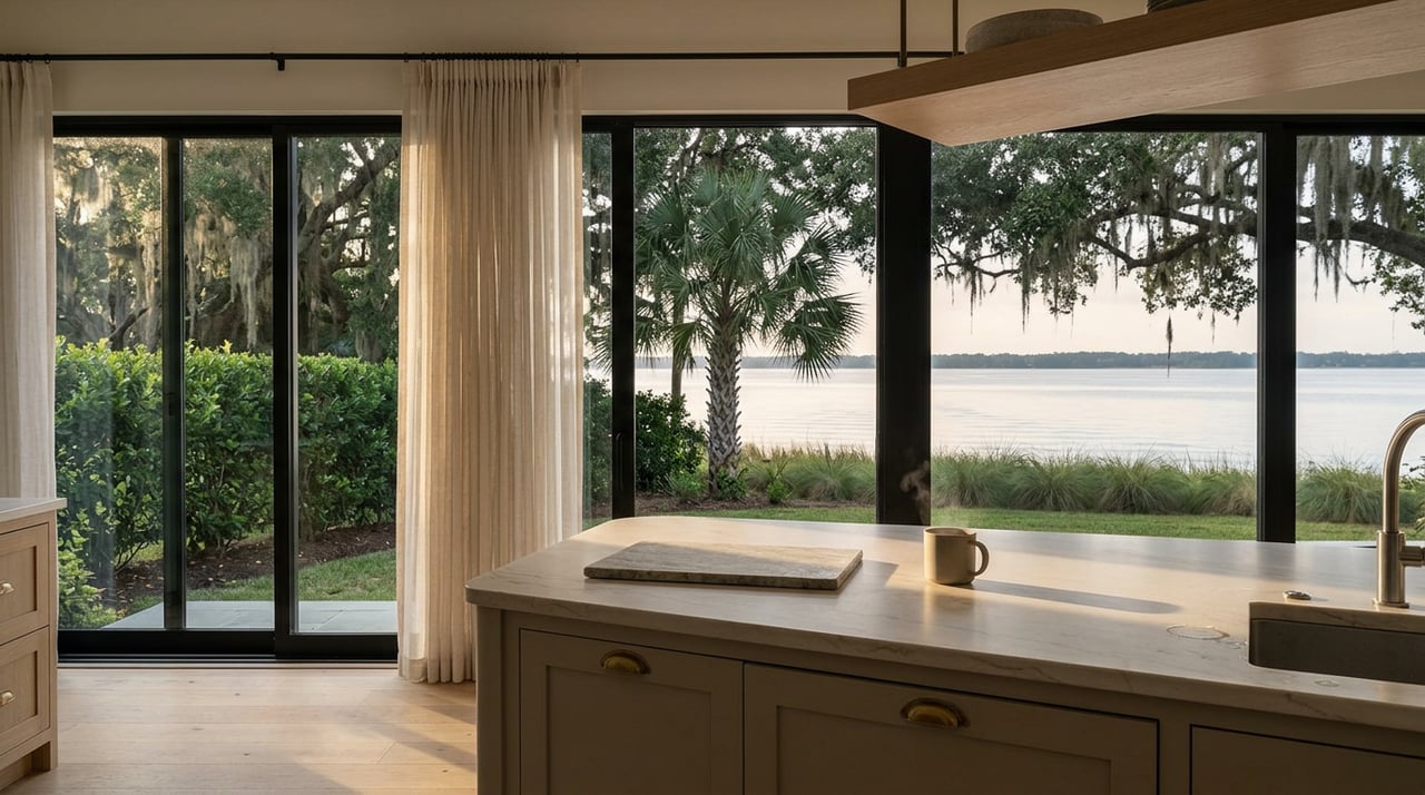 Kitchen island and glass doors overlook dawn water beneath moss-draped live oaks and a palmetto.