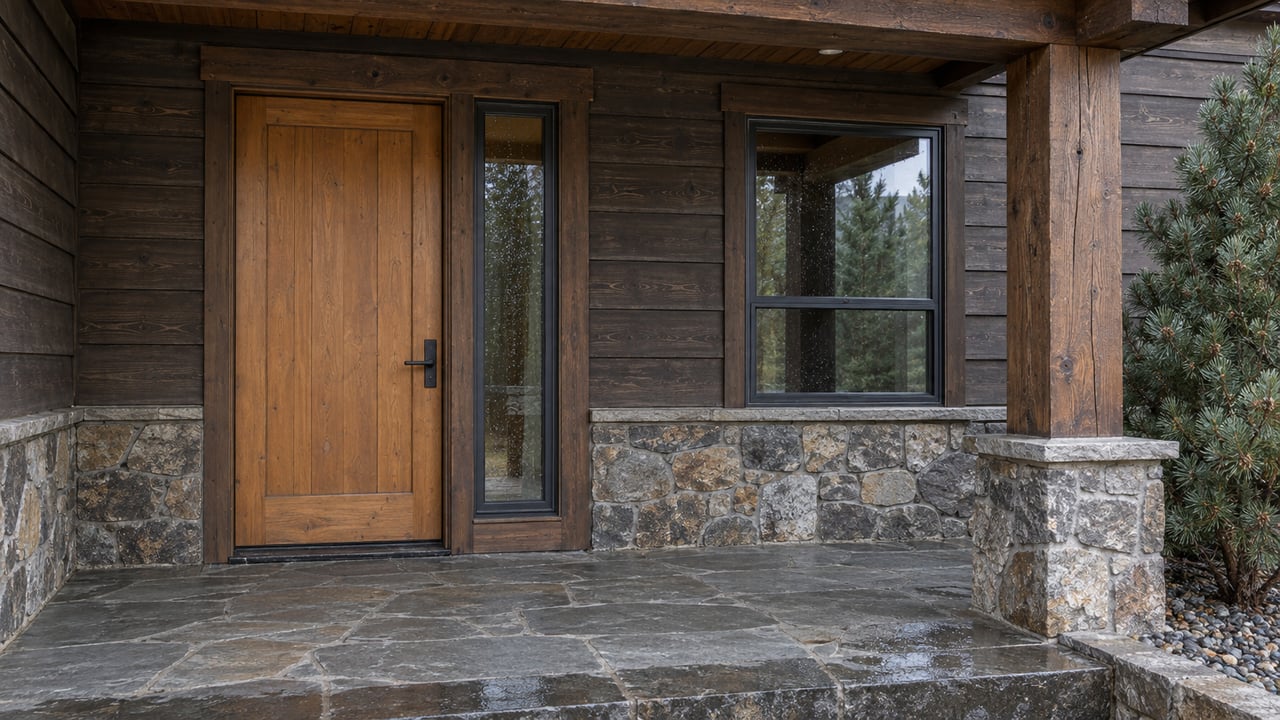 Covered home entry with a honey-brown wood door, dark timber siding, stone bases and a rain-darkened flagstone landing.