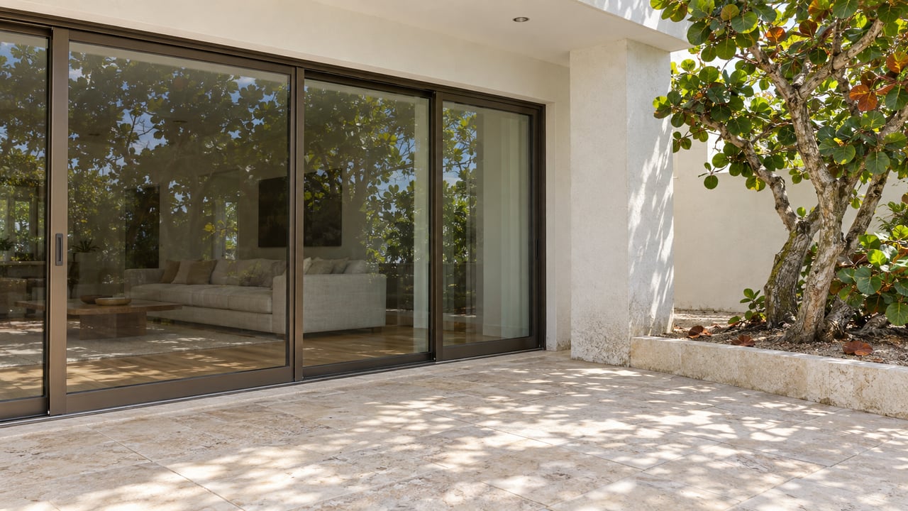 Sunlit limestone terrace beside bronze-framed glass doors, off-white stucco and a sculptural sea grape tree.