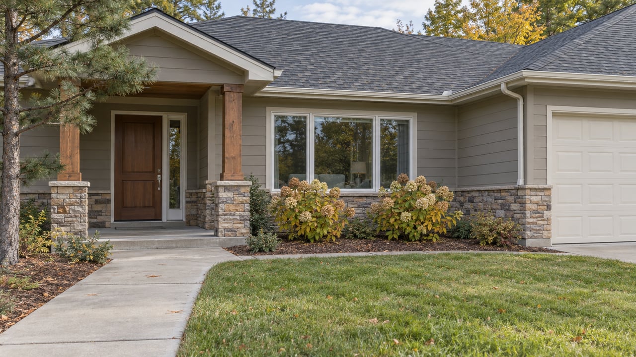 Gray single-story home with a sheltered timber entry, stone base, attached garage and an autumn planting bed beside a concrete approach.