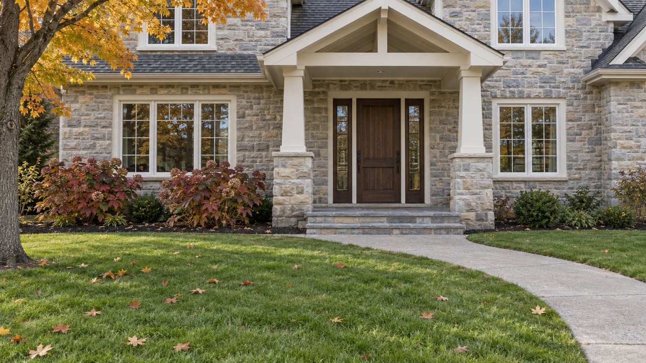 Stone-fronted two-story home with a covered oak entry, broad front lawn, and autumn maple foliage.