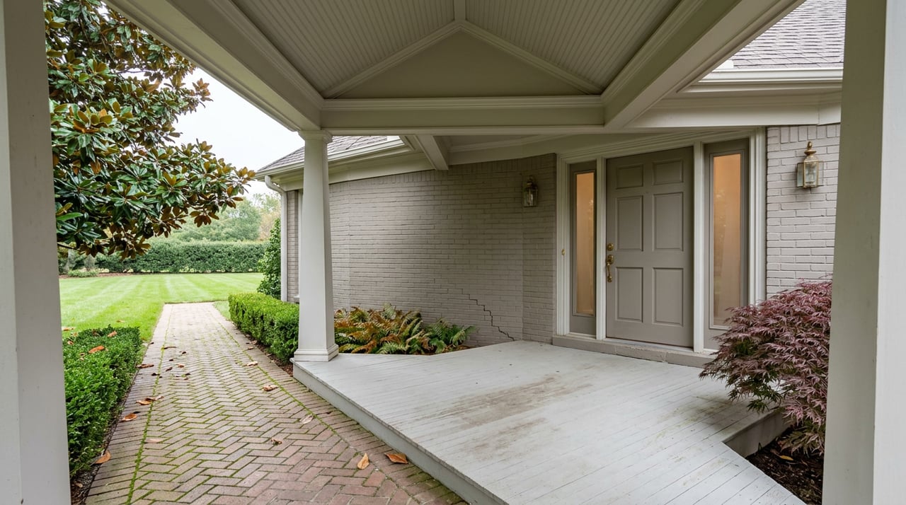 Gray-brick home’s covered porch with a paneled door, herringbone walkway, and magnolia leaves scattered across the path.