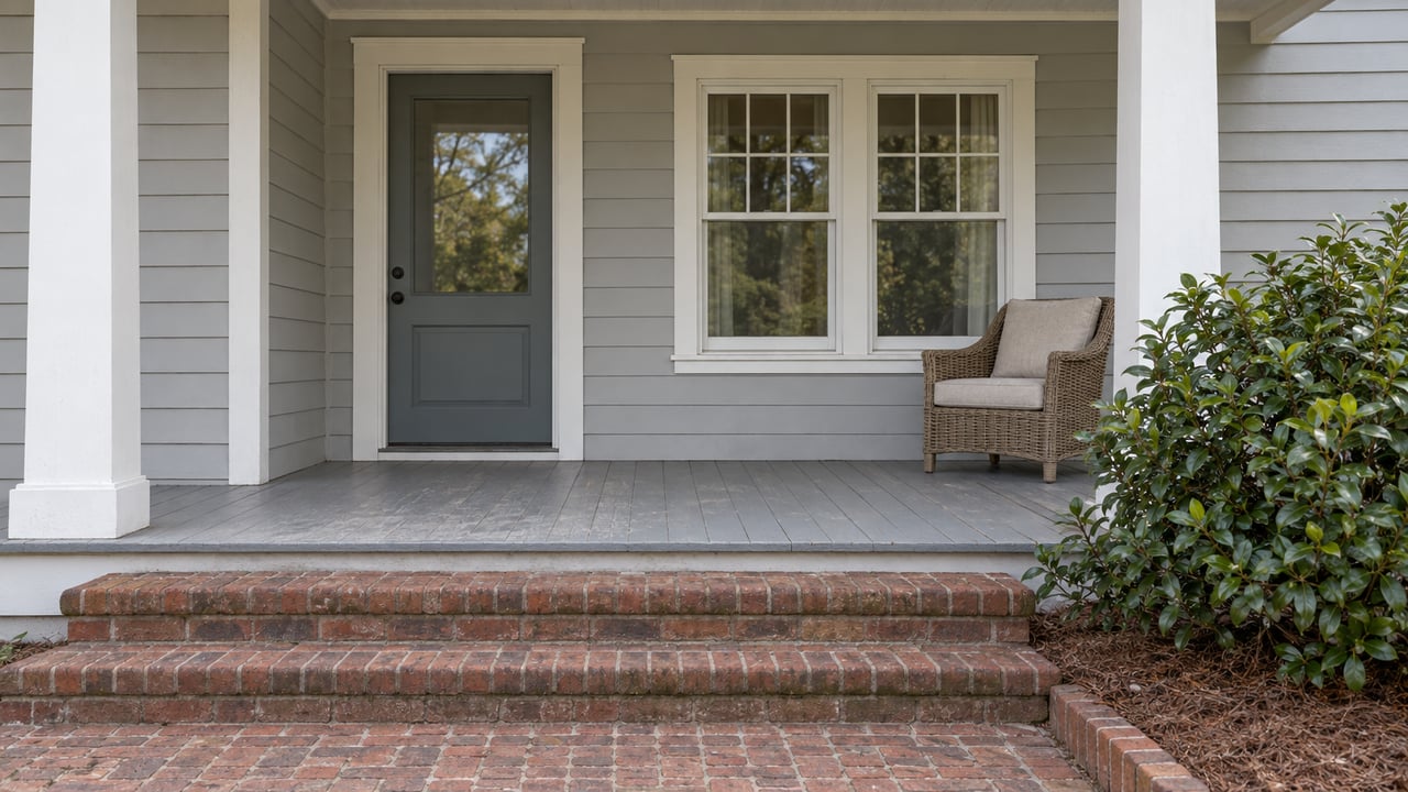 A pale-gray clapboard home's covered porch with white-trimmed windows, a glazed door, worn painted floorboards, brick steps, and a camellia beside the approach.