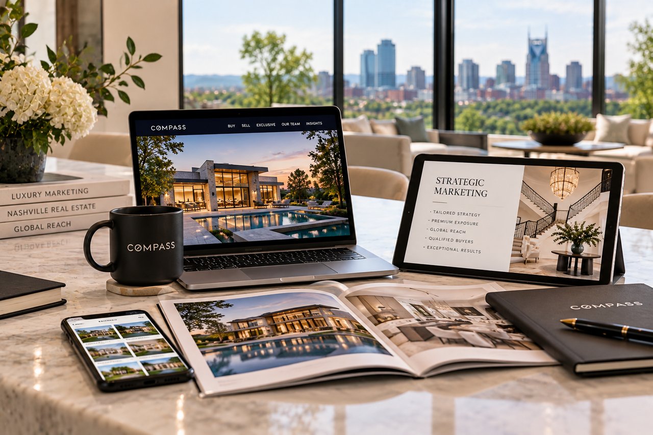 Compass luxury real estate marketing materials showcasing professional photography, digital promotion, strategic exposure, and premium branding for luxury homes in Nashville, Tennessee.