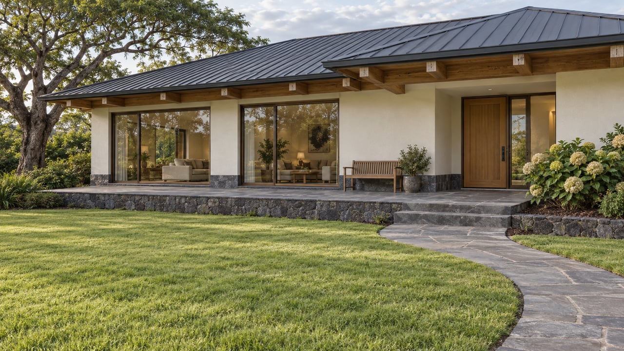 Low-roofed home with timber eaves, basalt terrace and expansive lawn beneath a branching koa tree.