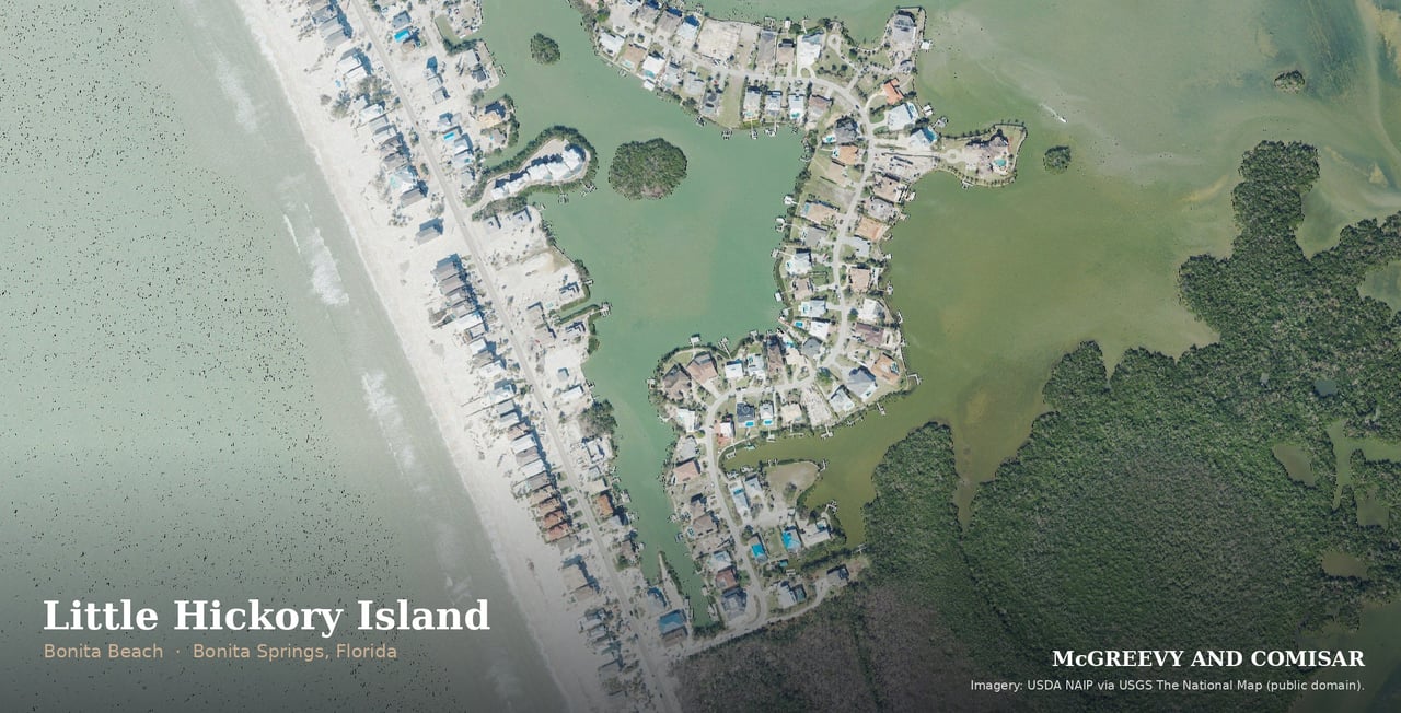Little Hickory Island, Bonita Beach, Florida, aerial of Gulf, bay and canal homes on Hickory Boulevard