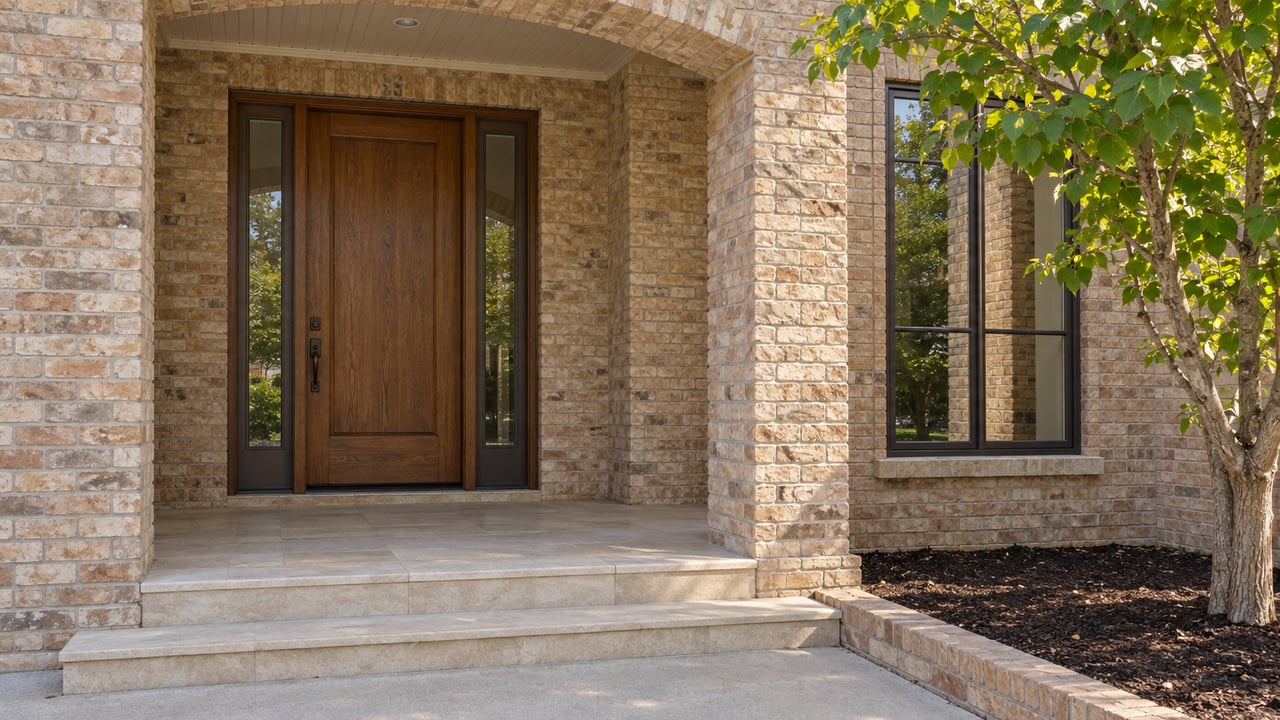 Buff brick home entrance with a stained oak door, paired glass sidelights, limestone steps and a green-leaved redbud beside the porch.