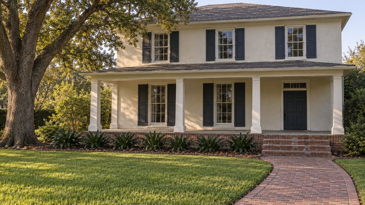 Cream stucco home with dark shutters and a raised columned porch beyond a deep lawn and brick walk, framed by a mature live oak.