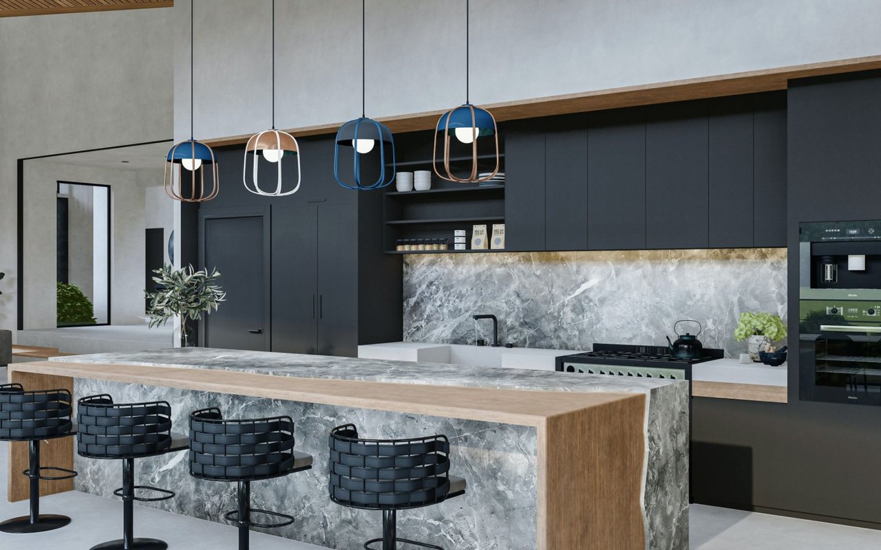 Modern kitchen with charcoal cabinets, a marble island, wood accents, and woven black bar stools.