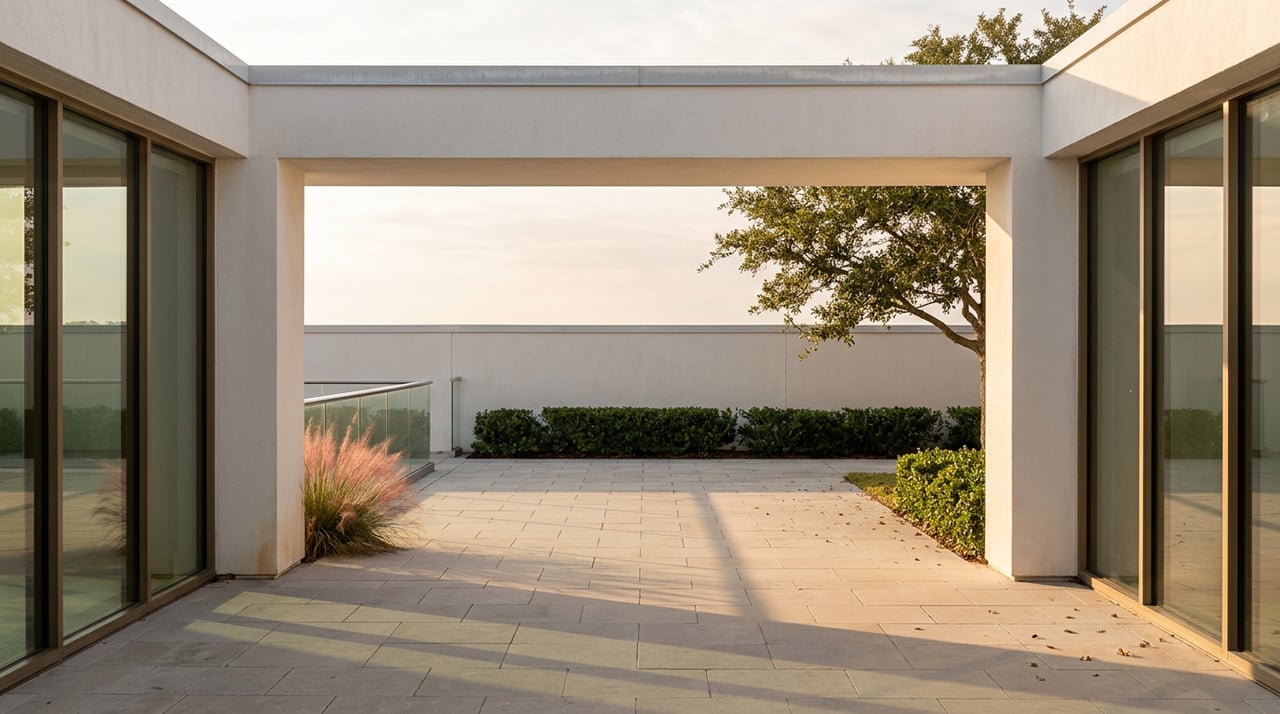 Covered terrace opening onto promenade, framed by stucco pilasters, with live oak and limestone paving.