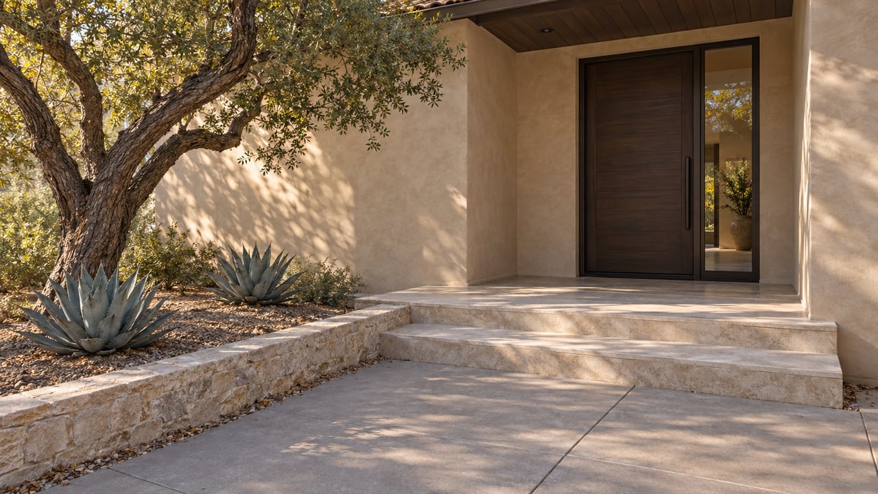 Stucco house entry with bronze-framed glass door, limestone steps, ironwood tree, and two agaves.
