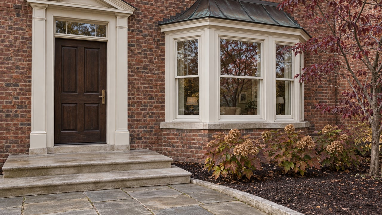 Russet brick home with an oak entrance door, limestone steps, a white-painted window bay, and burgundy autumn foliage.