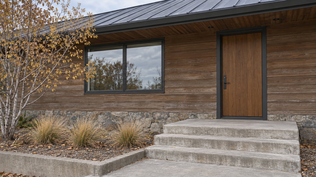 Wood-sided single-story home with a sheltered entry, sandstone foundation, concrete steps and autumn serviceberry planting.