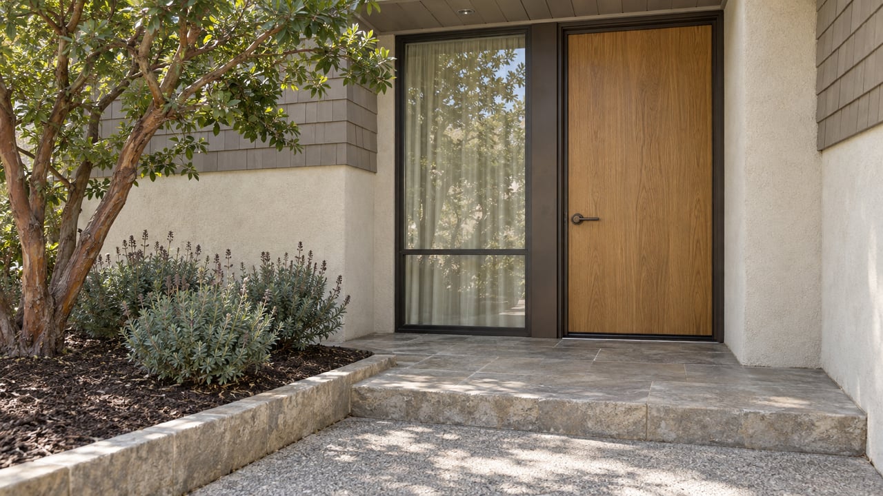 Recessed oak entry door and bronze-framed window above a limestone terrace, with a strawberry tree and Cleveland sage beside the approach.