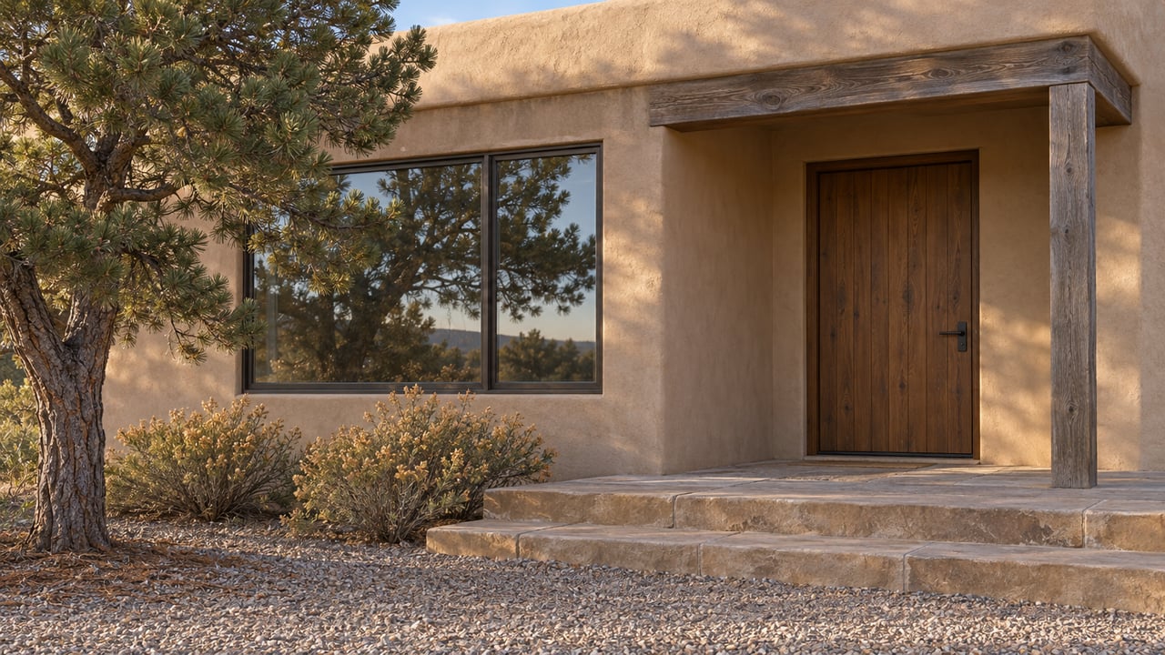 Warm tan stucco entry with a cedar door, sandstone steps and a mature pinyon pine in afternoon light.