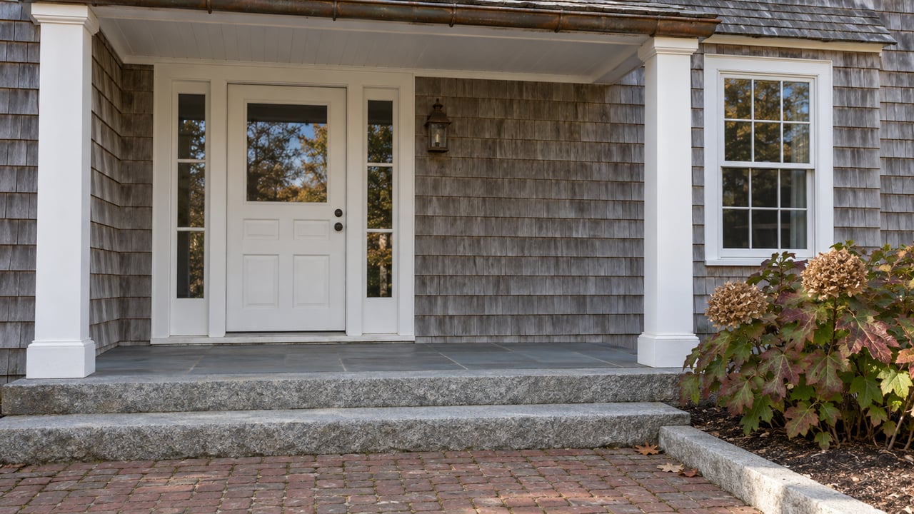 Weathered cedar-shingle home entrance with white trim, stone steps and burgundy-edged oakleaf hydrangea in autumn light.