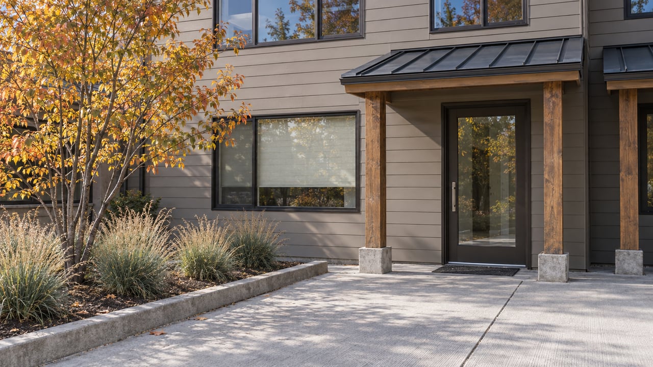 Sunlit condominium entrance with gray siding, bronze-framed windows, timber canopy supports and autumn serviceberry beside a shared concrete approach.