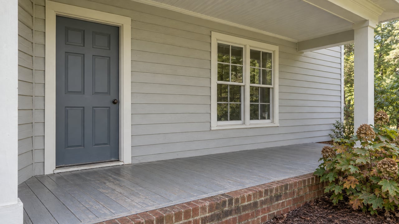 A light clapboard home's covered porch with a blue-gray paneled door, multi-pane window, worn painted floorboards and an oakleaf hydrangea beside its brick foundation.