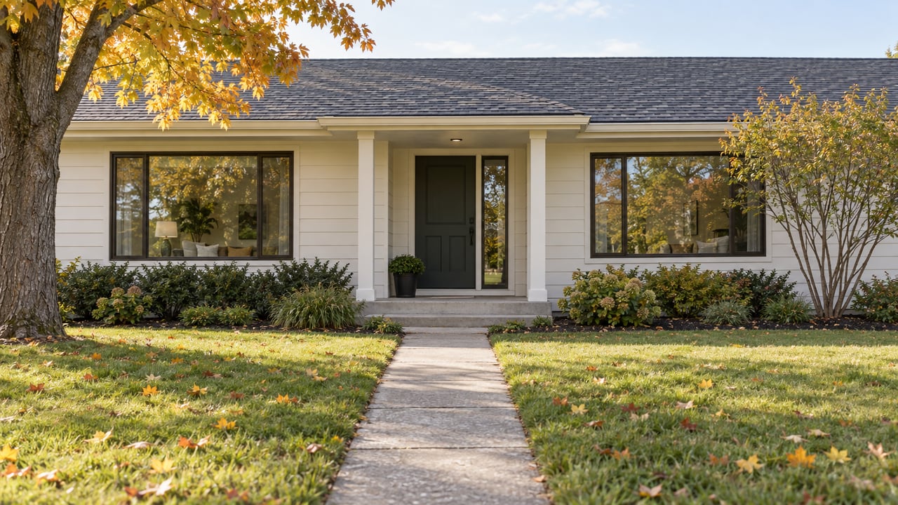 Updated ranch house with off-white siding, recessed entry, lawn, and amber leaves on a mature maple.