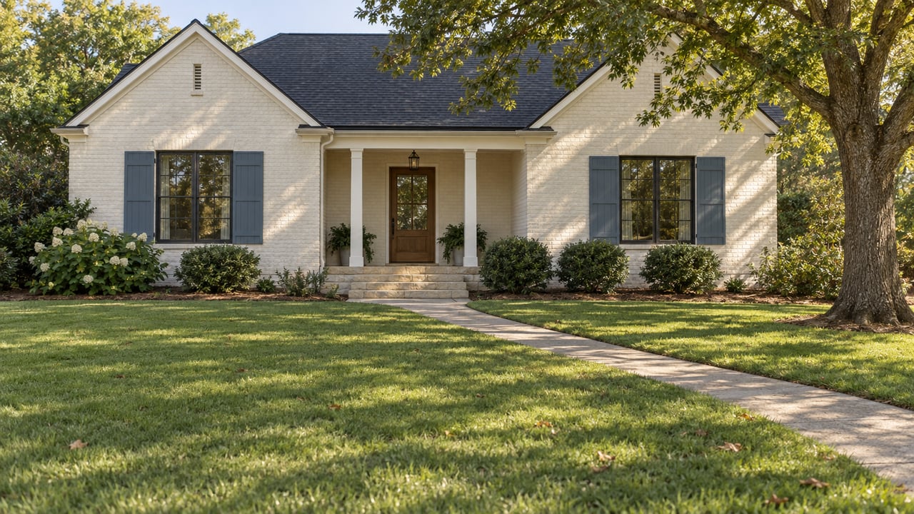 Ivory brick house with a recessed porch, slate-blue shutters, and a curved walk across a deep lawn.