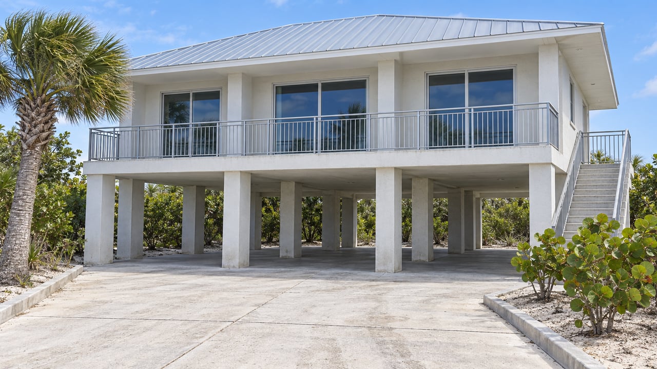 Elevated white stucco house with a metal roof, glazed balcony, concrete support columns and a pale driveway beside coastal planting.